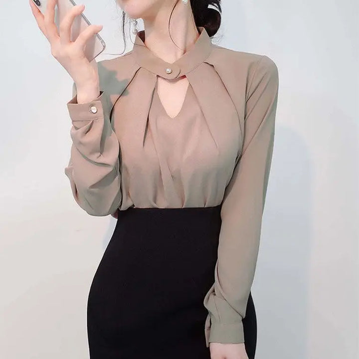 olid Chiffon Blouse - Slim Long Sleeve Hollow Sexy Spring Summer Top