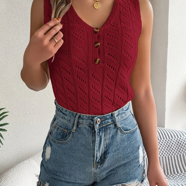 Knitted Button Vest - Casual Hollow-Out Sleeveless V-Neck Top