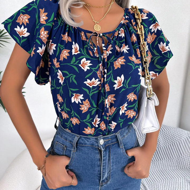 Floral Drawstring Blouse - Casual Crew Neck Short Sleeve Top