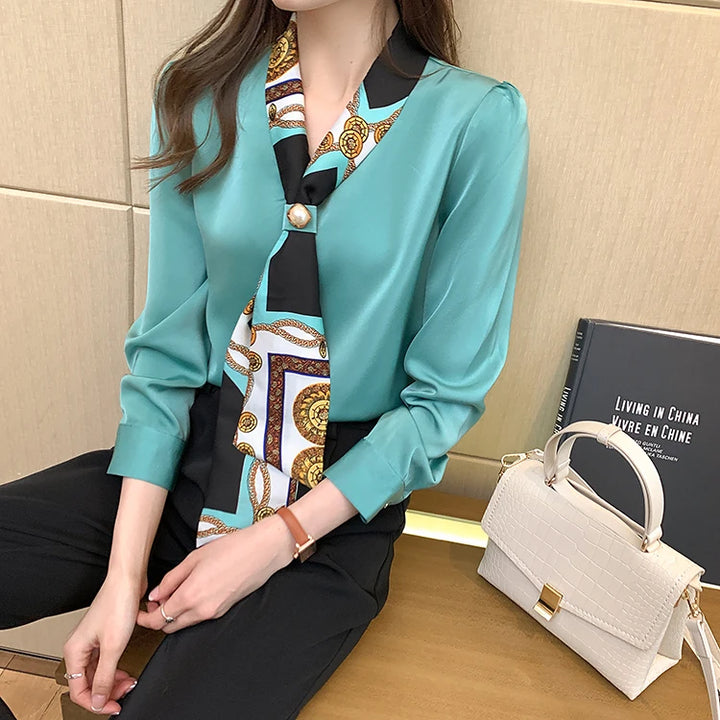 Spring Chiffon Blouse - Bow Long Sleeve Office Lady Casual Top