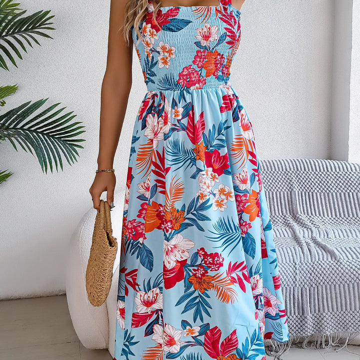 Elegant Square Neck Floral Dress - Waist-Tied Summer Vacation Outfit