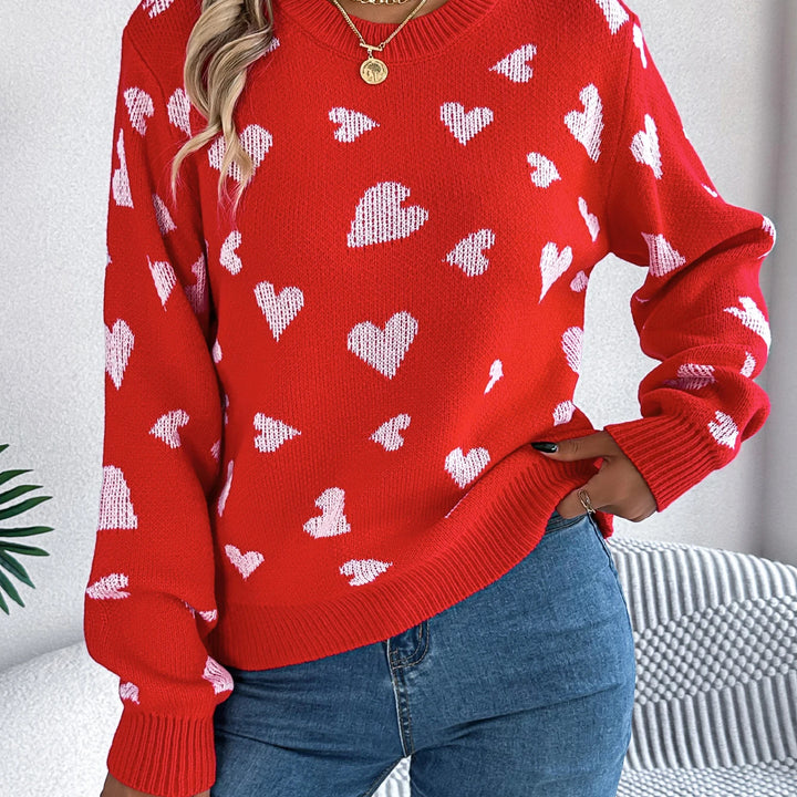 Autumn Winter Love Pattern Knitted Pullover - Round Neck Long Sleeve Sweater