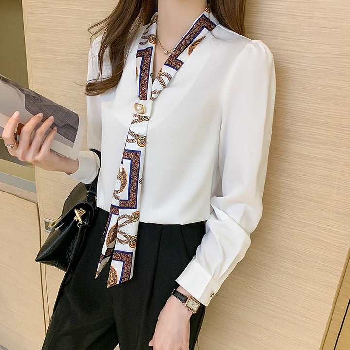 Spring Chiffon Blouse - Bow Long Sleeve Office Lady Casual Top