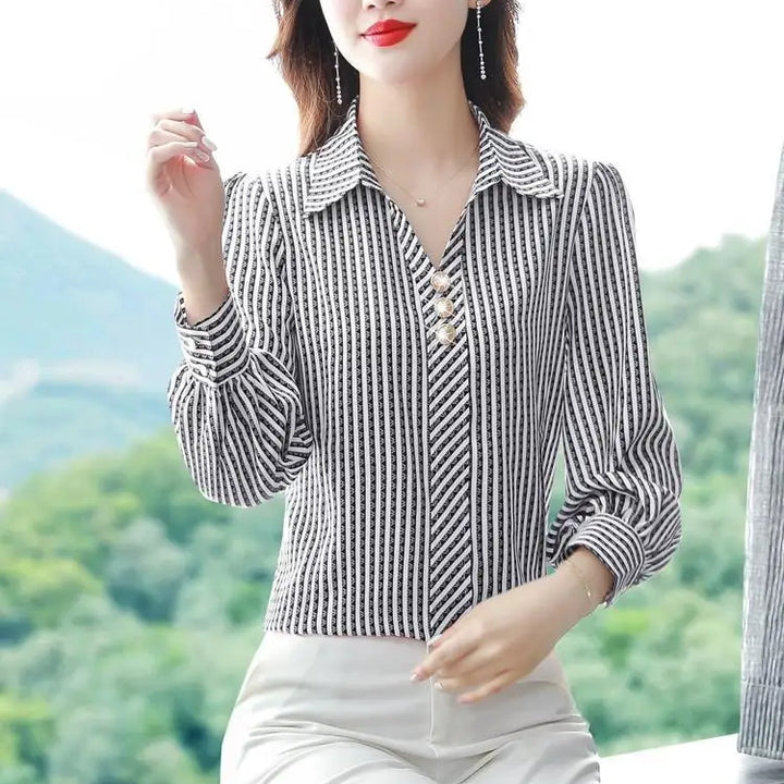 Striped Print Fashion Blouse - Elegant Office Lady Long Sleeve Shirt