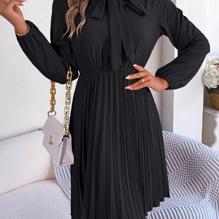 Casual Tie Front Mock Neck Long Sleeve Pleated Dress For Spring & Fall