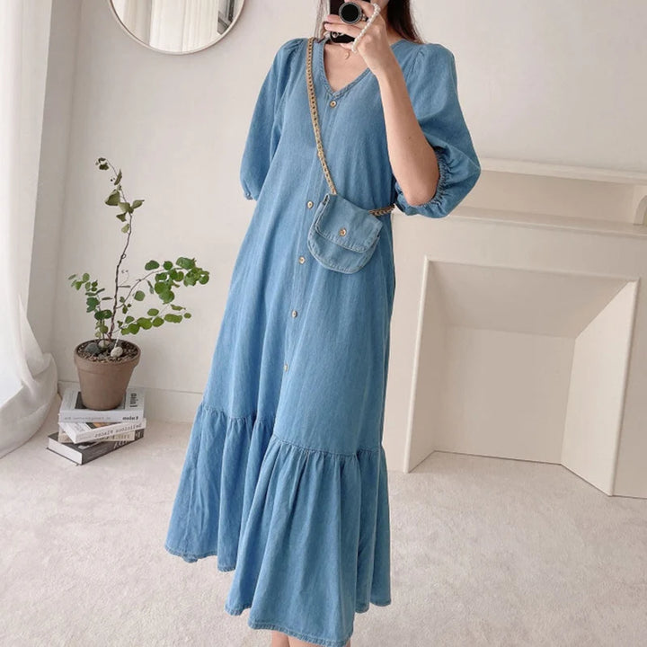 ZANZEA Oversized Denim Maxi Dress - Puff Sleeve Retro Baggy Summer Sundress