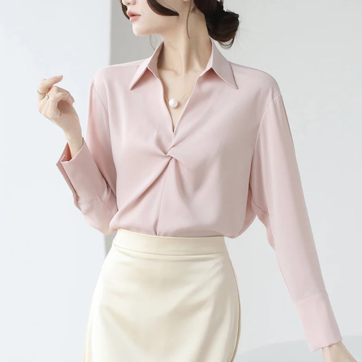 Autumn Casual Turn-Down Collar Blouse - Off-White Chiffon Long Sleeve Shirt