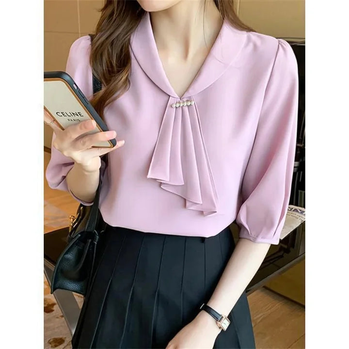 Women Summer Bow Tie Collar Blouse - Short Sleeve Office Pink Shirt