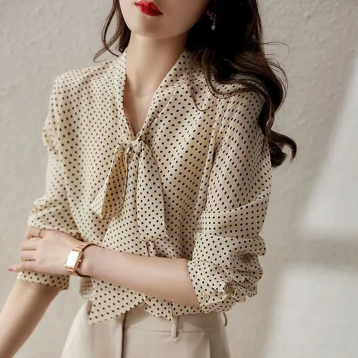 Spring Autumn Shawl Collar Blouse - Bow Polka Dot Long Sleeve Cardigan