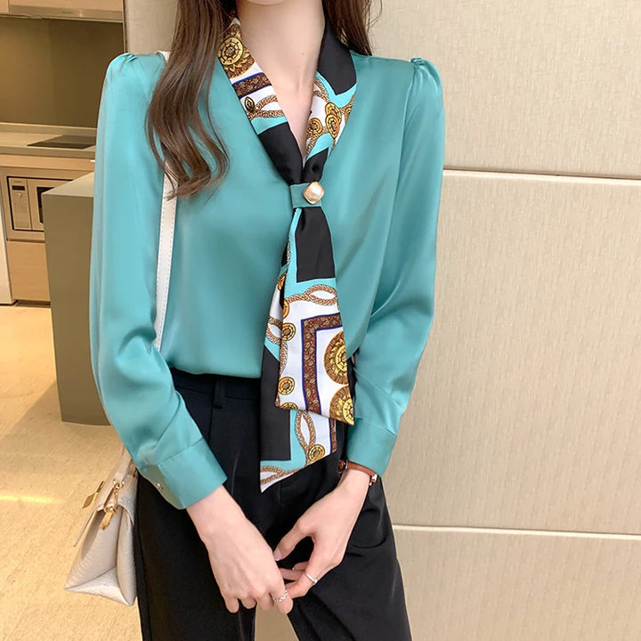 Spring Chiffon Blouse - Bow Long Sleeve Office Lady Casual Top