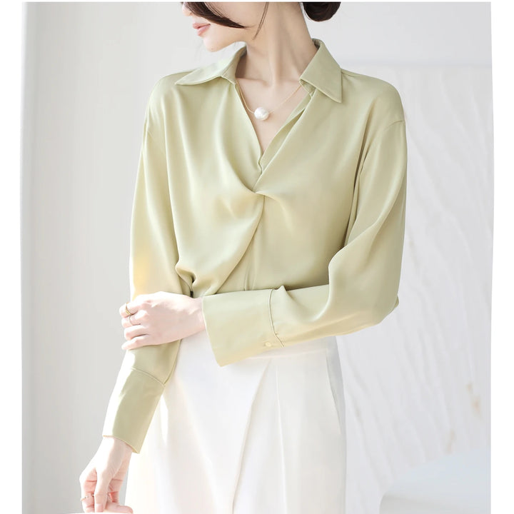 Autumn Casual Turn-Down Collar Blouse - Off-White Chiffon Long Sleeve Shirt