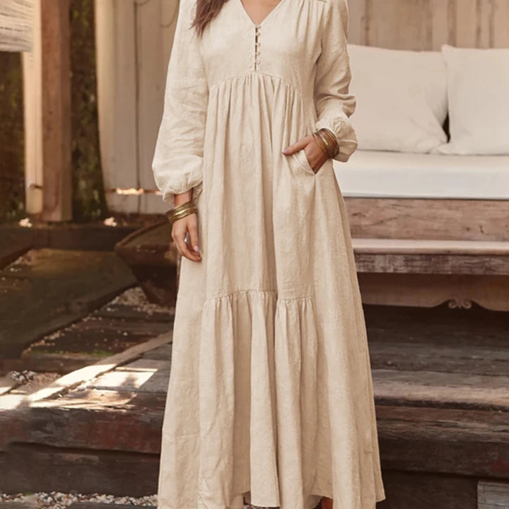 ZANZEA Bohemian Cotton Linen Maxi Dress - V-Neck Pleated Casual Kaftan