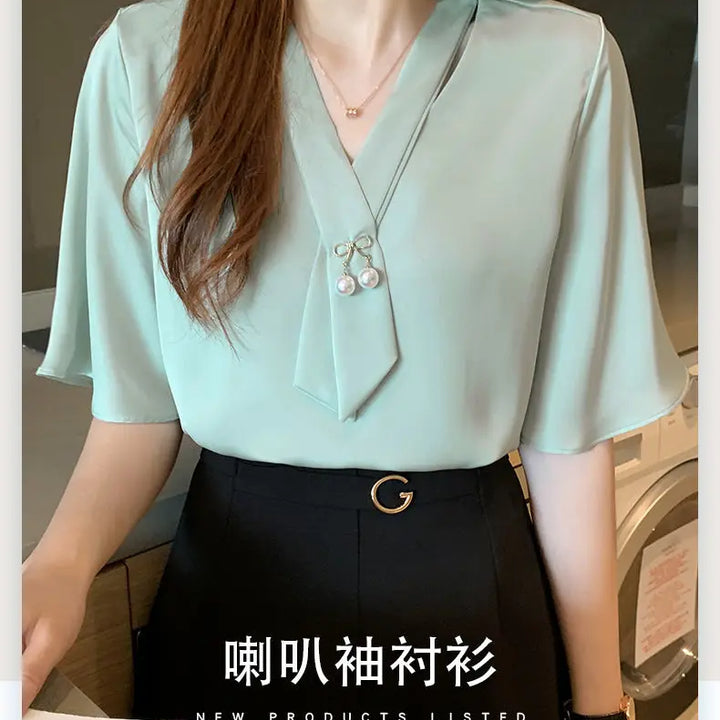 Short Sleeve V-neck Chiffon Blouse - Breathable Slim Elegant Summer Office Top