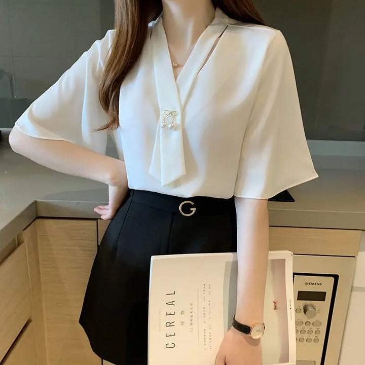 Short Sleeve V-neck Chiffon Blouse - Breathable Slim Elegant Summer Office Top