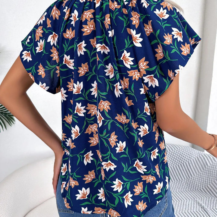 Floral Drawstring Blouse - Casual Crew Neck Short Sleeve Top