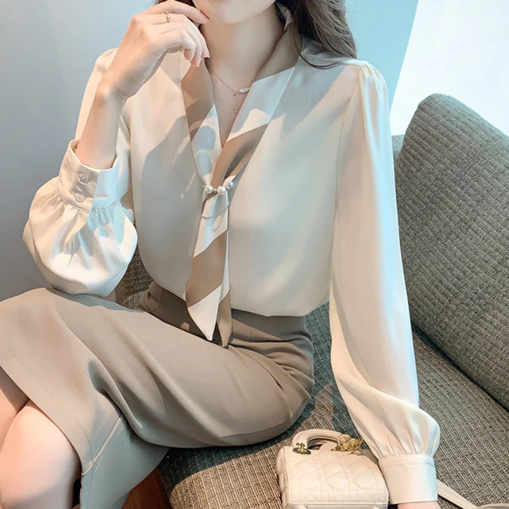 Chiffon Blouse for Women - Elegant Lace-Up V-Neck Long Sleeve Office Top