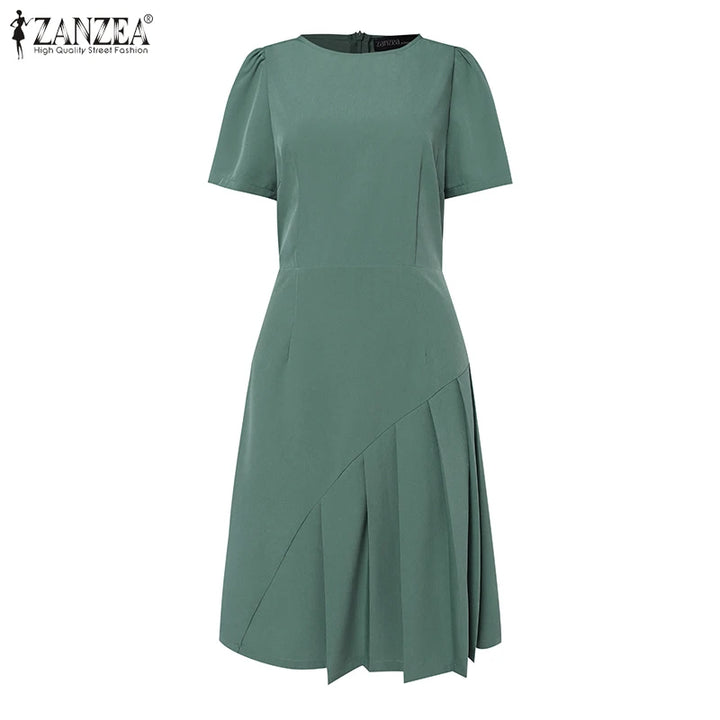 ZANZEA Elegant Summer Work Dress - Short Sleeve Pleated A-Line Sundress