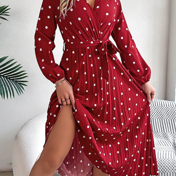 Elegant Surplice Neck Polka Dot Pleated Dress - Long Sleeve Belted