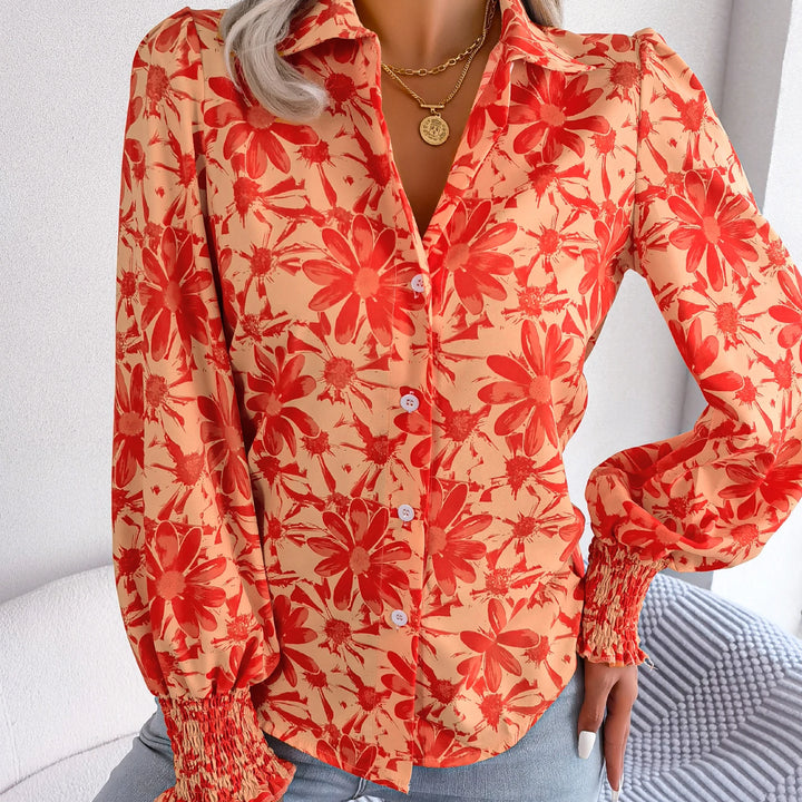 Casual Lapel Button Long Sleeve  Flower Print Shirts