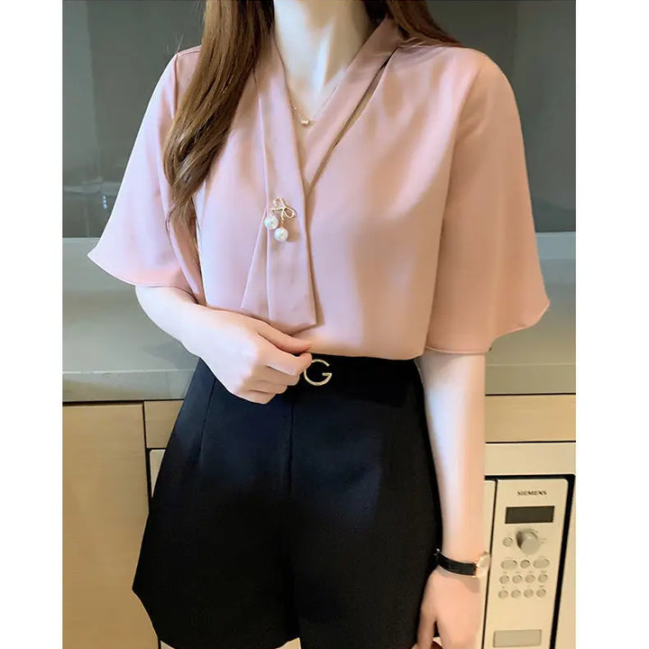 Short Sleeve V-neck Chiffon Blouse - Breathable Slim Elegant Summer Office Top