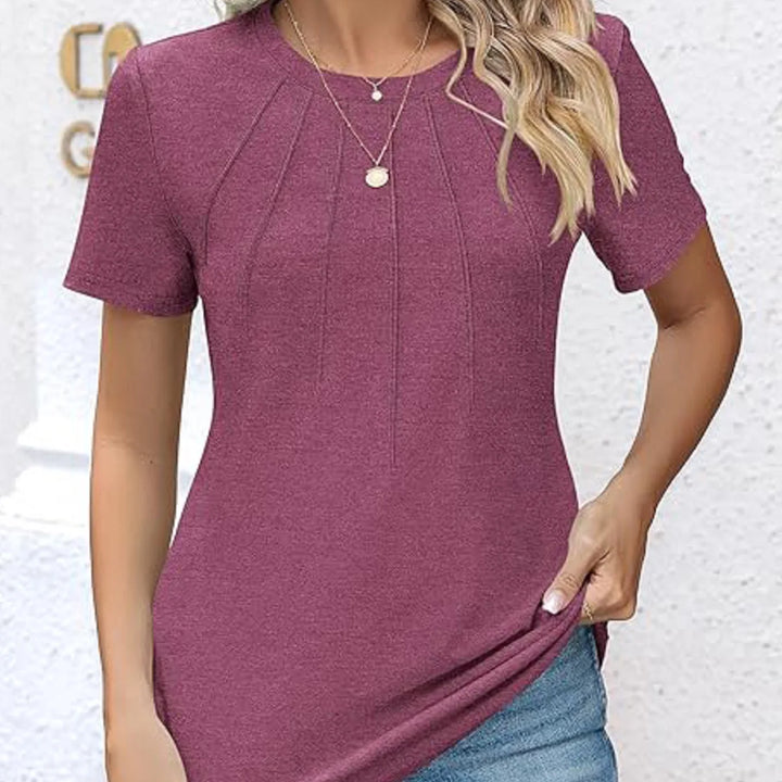 Women's V-Neck Tunic - Puff Sleeve Pleated Casual Summer Blouse