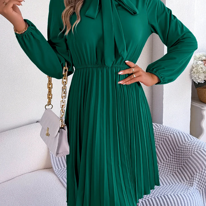 Casual Tie Front Mock Neck Long Sleeve Pleated Dress For Spring & Fall