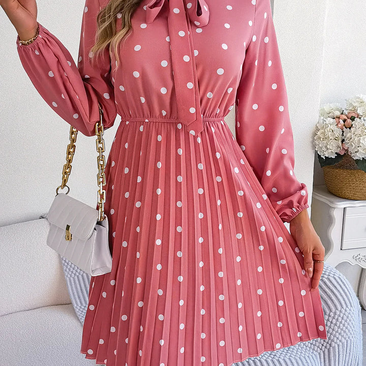 Casual Tie-neck Polka-dot Print Cinched Waist Pleat Dress For Women