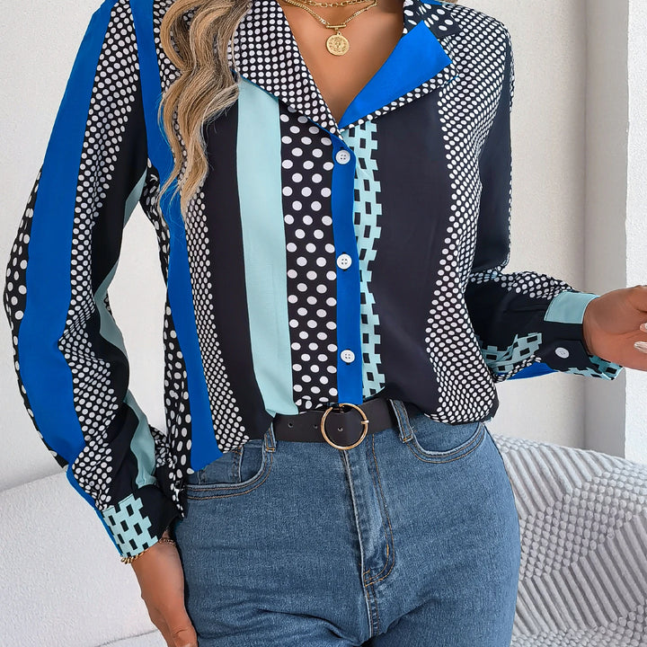 Casual Button Front Long Sleeve Stripe & Polka Dot Print Shirt, Women's Clothing