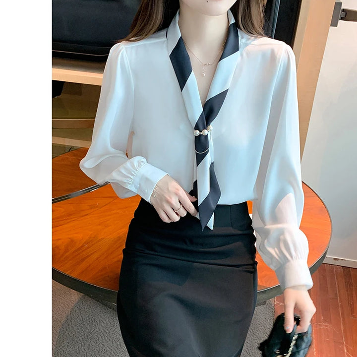 Chiffon Blouse for Women - Elegant Lace-Up V-Neck Long Sleeve Office Top