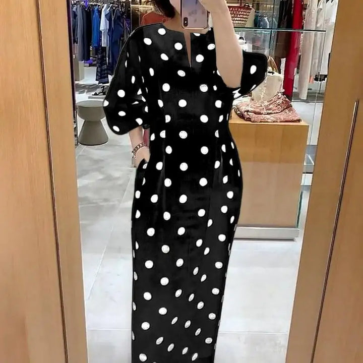 ZANZEA Dots Print V-Neck Midi Dress, slim fit with 3/4 sleeves and pockets