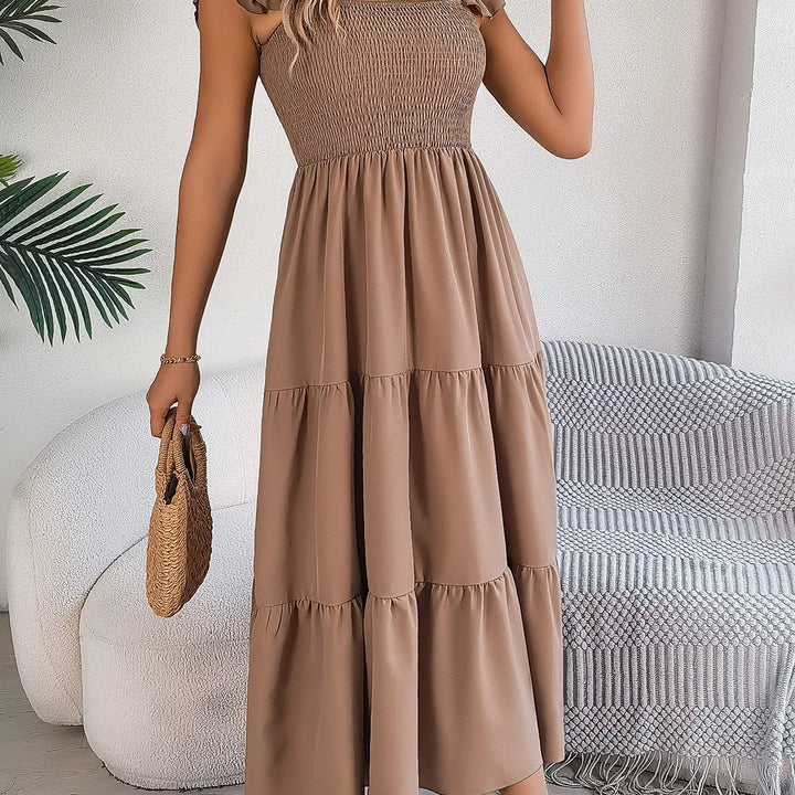 Solid Square Neck Dress - Elegant Waist-Tied Long Dress