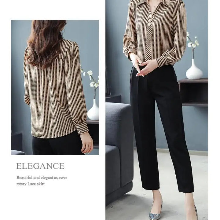 Striped Print Fashion Blouse - Elegant Office Lady Long Sleeve Shirt