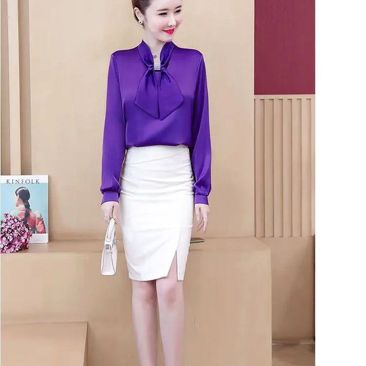 Spring & Summer Satin Shirt - Korean Fashion Bow V-Neck Long Sleeve Top