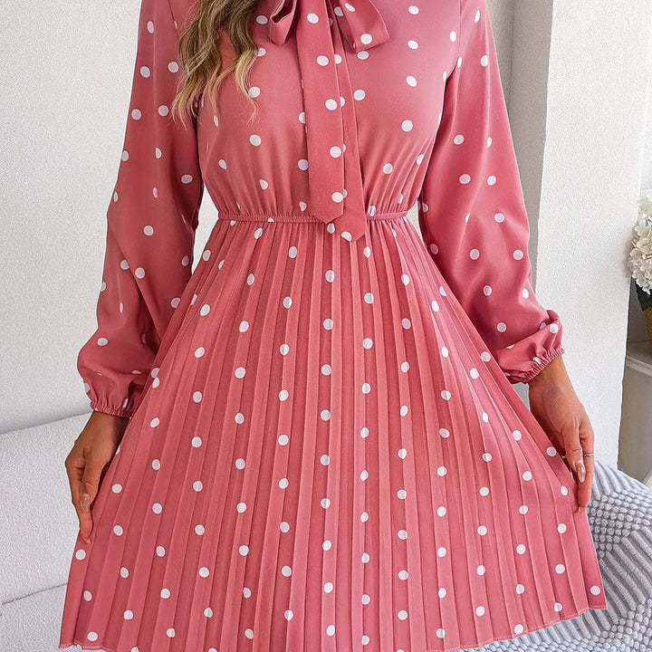 Casual Tie-neck Polka-dot Print Cinched Waist Pleat Dress For Women