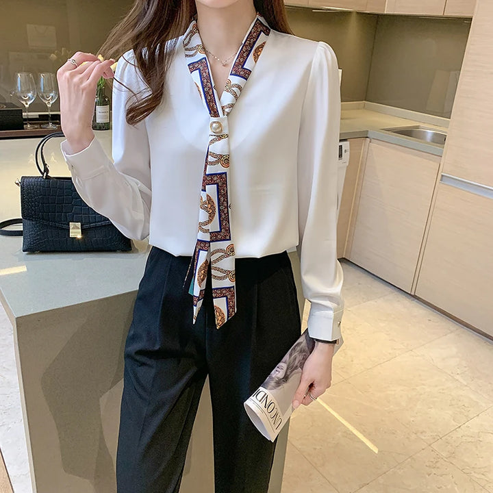 Spring Chiffon Blouse - Bow Long Sleeve Office Lady Casual Top