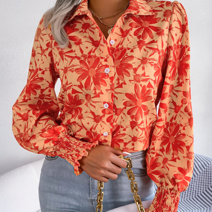 Casual Lapel Button Long Sleeve  Flower Print Shirts