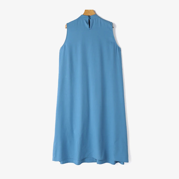 ZANZEA Vintage Stand Collar Swing Dress - Pleated Loose Fit Summer Sundress