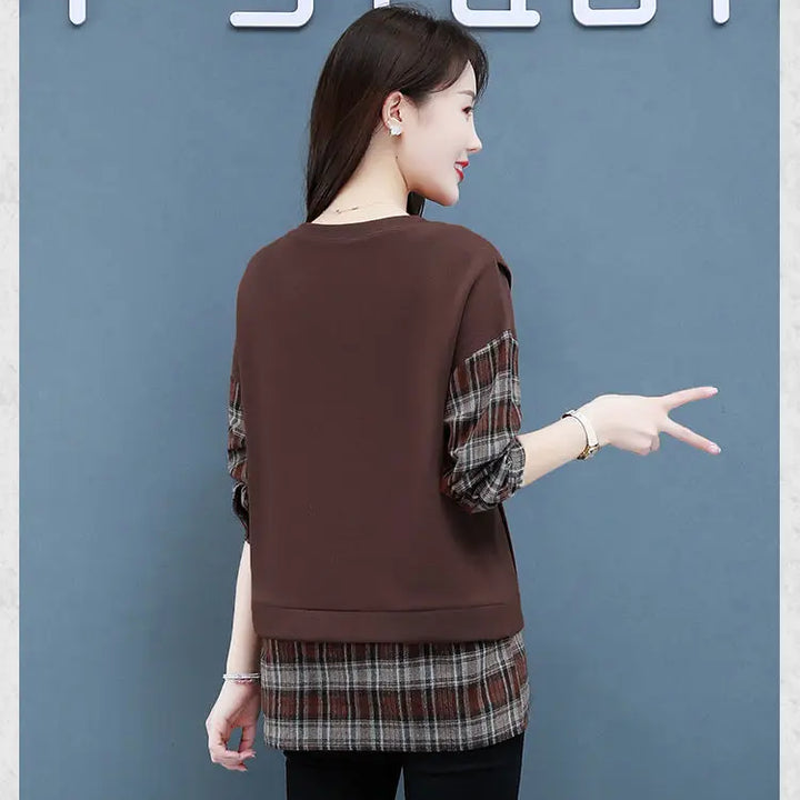 Autumn Plaid Sweatshirt - Casual Round Neck Long Sleeve Patchwork Top