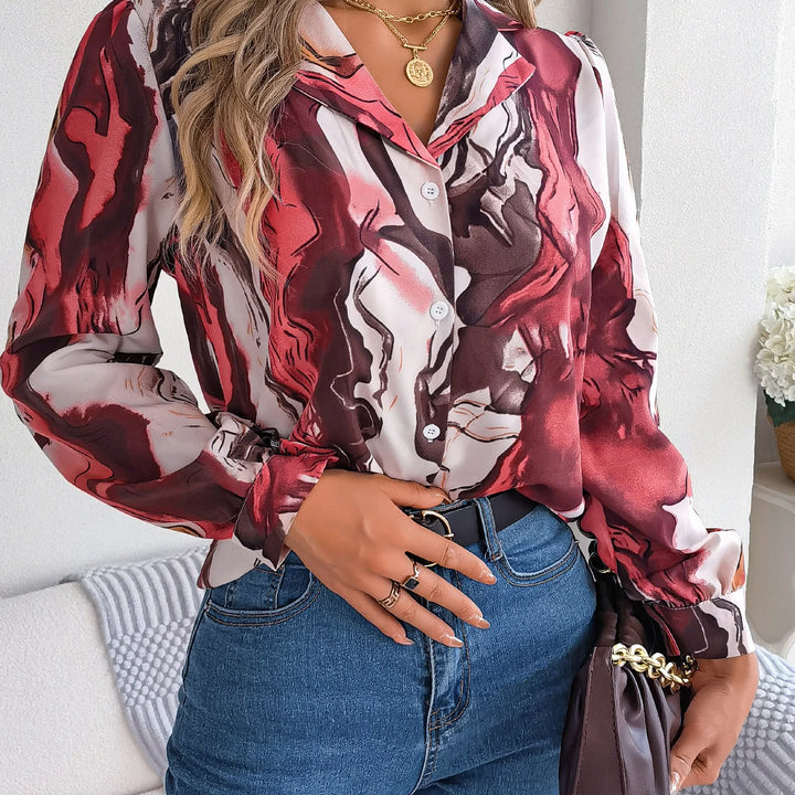 Casual All Over Print Notch Collar Button Long Sleeve Shirt