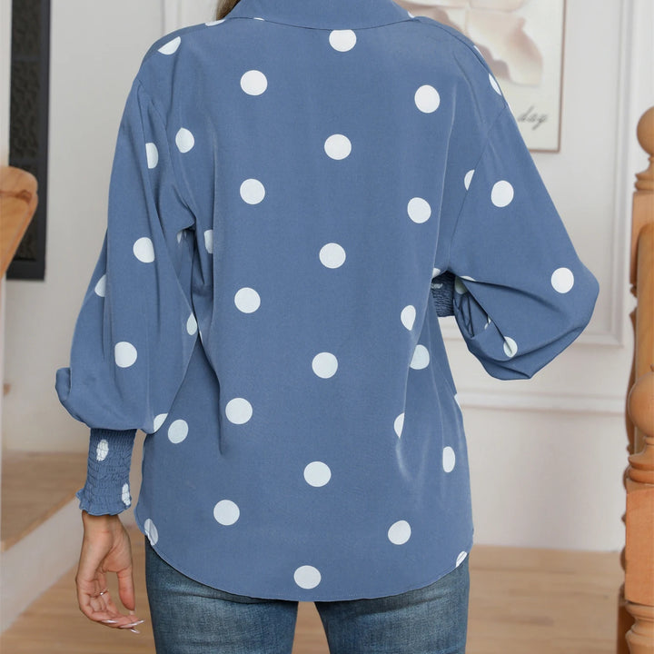 Casual Lapel Button Down Balloon Polka Dot Print  Lantern Sleeve Shirt