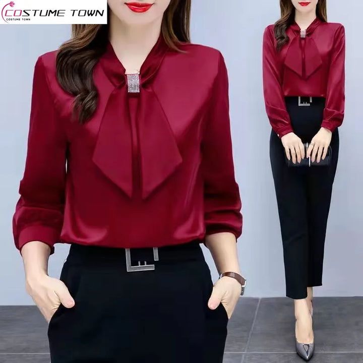 Spring & Summer Satin Shirt - Korean Fashion Bow V-Neck Long Sleeve Top