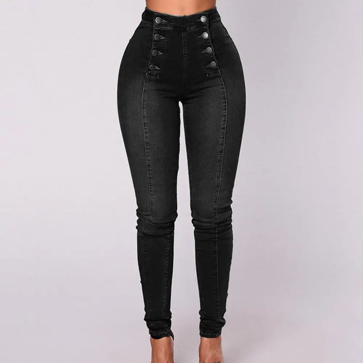 High Waist Push-Up Skinny Jeans – Button Decor, Double-Breasted Style