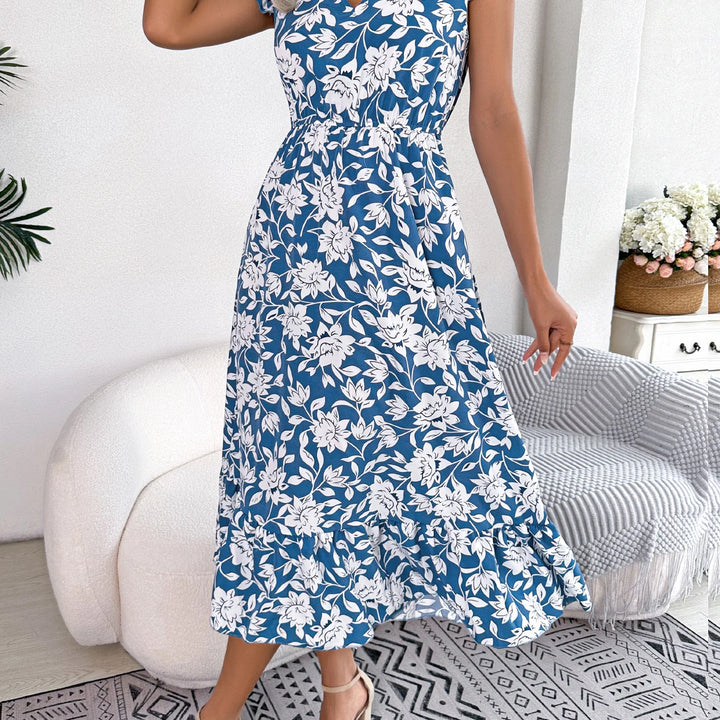 Casual V Neck Floral Print Ruffle Hem Dress