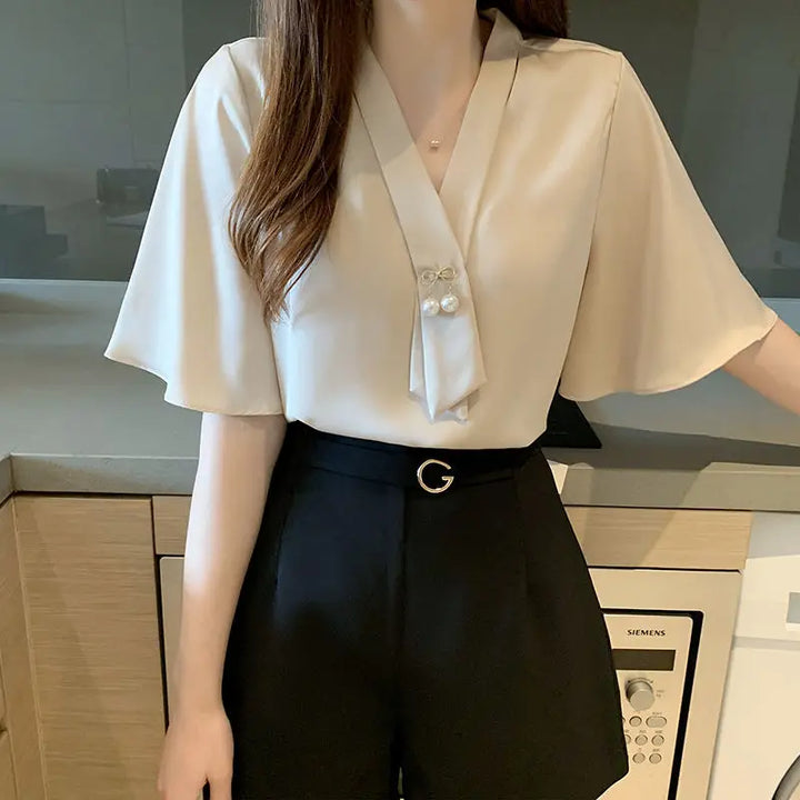 Short Sleeve V-neck Chiffon Blouse - Breathable Slim Elegant Summer Office Top