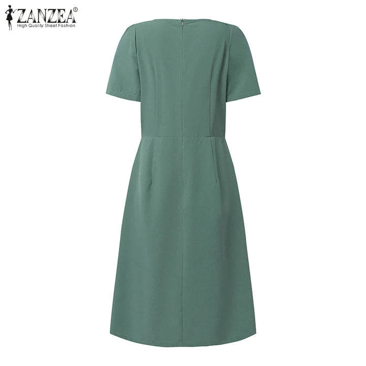 ZANZEA Women's Pleated Knee-Length Dress with Cinched Waist