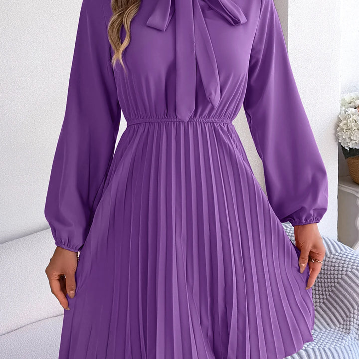 Casual Tie Front Mock Neck Long Sleeve Pleated Dress For Spring & Fall