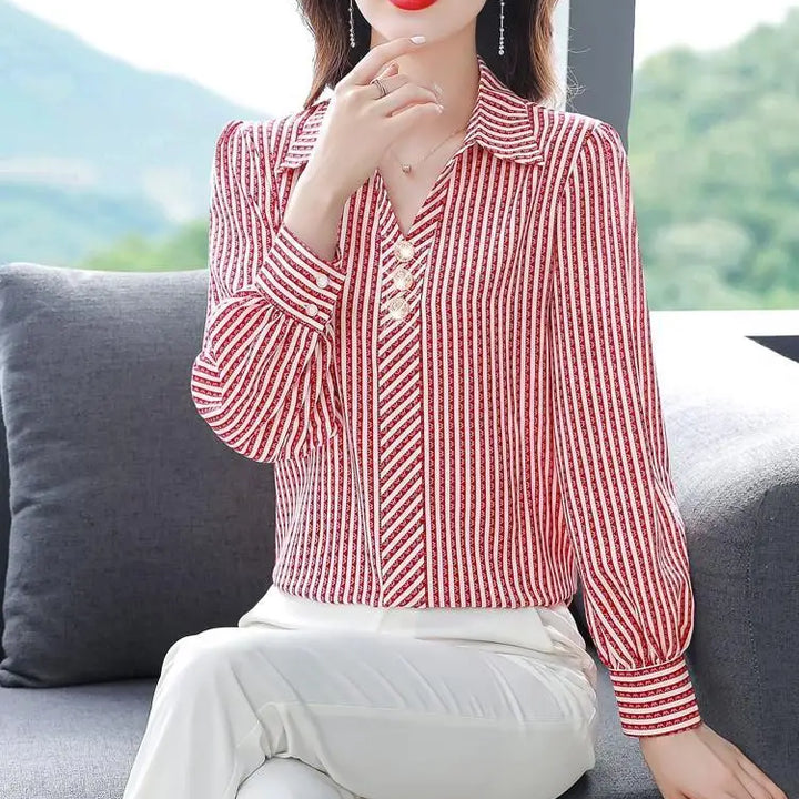 Striped Print Fashion Blouse - Elegant Office Lady Long Sleeve Shirt