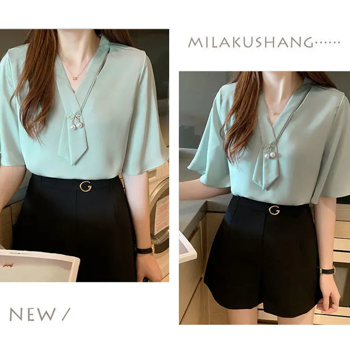 Short Sleeve V-neck Chiffon Blouse - Breathable Slim Elegant Summer Office Top