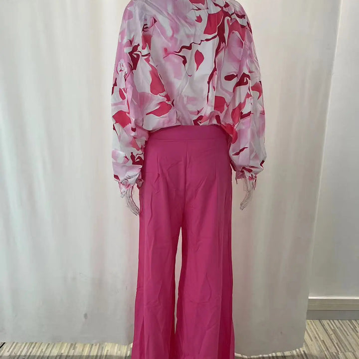 Spring & Autumn 2-Piece Set - Printed Shirt with Elegant Wide-Leg Pants