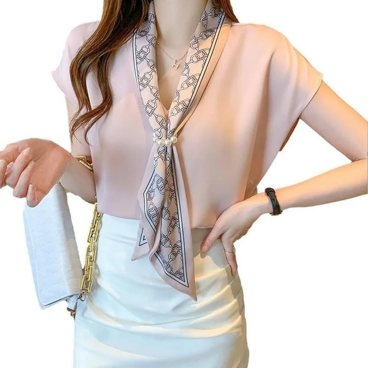 Women's Summer V-Neck Blouse - Casual Batwing Sleeve with Bow Tie